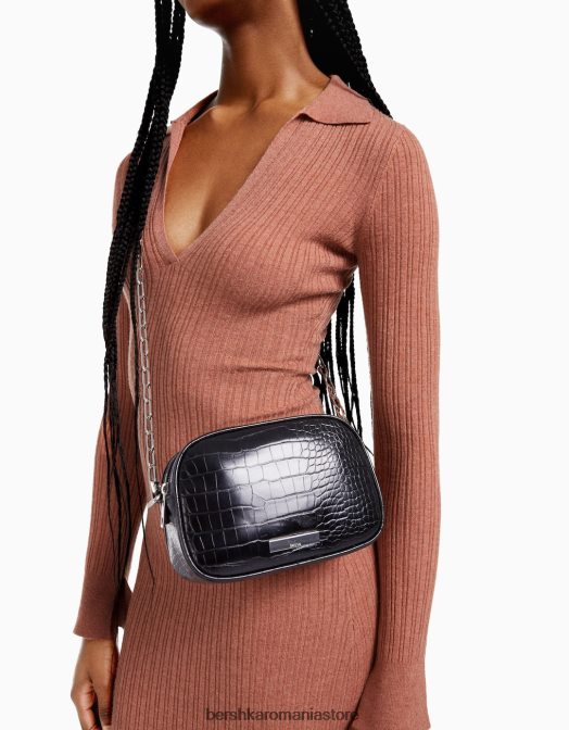 Bershka femei geanta texturata cu bareta si fermoar dublu negru Z86D2400 accesorii