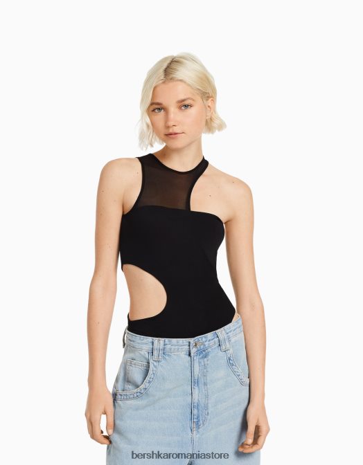 Bershka femei Body fără mâneci, cu decupaj și detaliu din plasă negru Z86D769 îmbrăcăminte