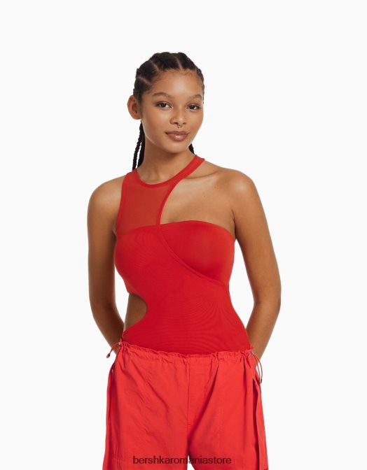 Bershka femei Body fără mâneci, cu decupaj și detaliu din plasă roșu Z86D771 îmbrăcăminte
