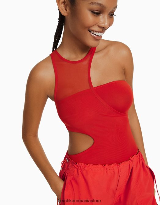 Bershka femei Body fără mâneci, cu decupaj și detaliu din plasă roșu Z86D771 îmbrăcăminte