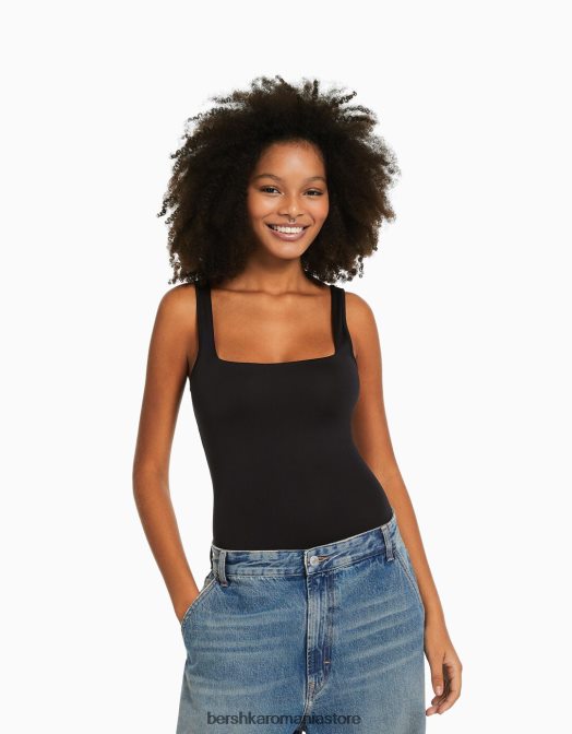 Bershka femei body monocrom cu bretele negru Z86D696 îmbrăcăminte