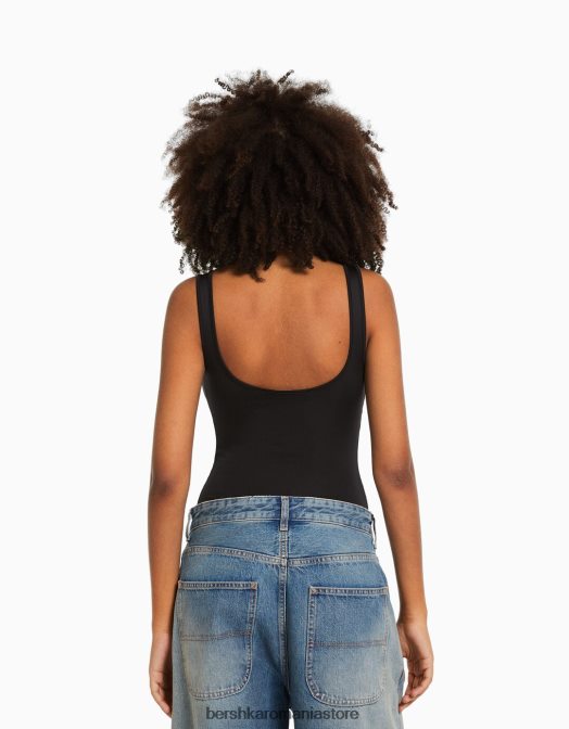 Bershka femei body monocrom cu bretele negru Z86D696 îmbrăcăminte