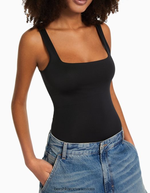 Bershka femei body monocrom cu bretele negru Z86D696 îmbrăcăminte