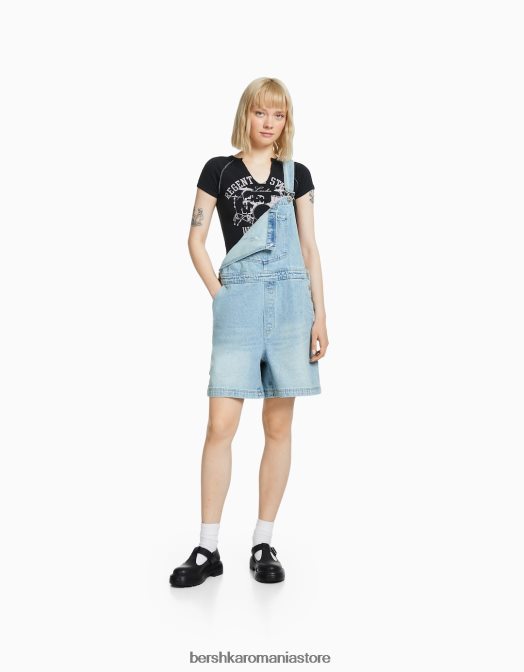 Bershka femei salopetă din denim cu detalii de dulgher albastru deschis Z86D265 îmbrăcăminte