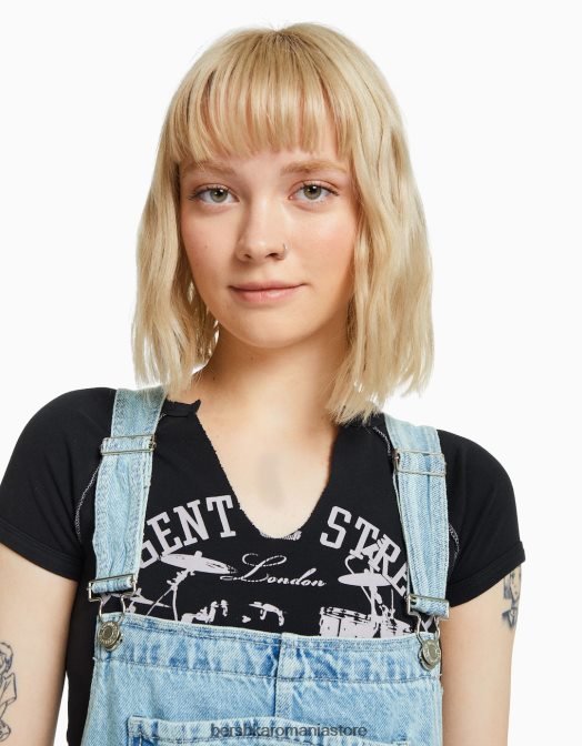 Bershka femei salopetă din denim cu detalii de dulgher albastru deschis Z86D265 îmbrăcăminte