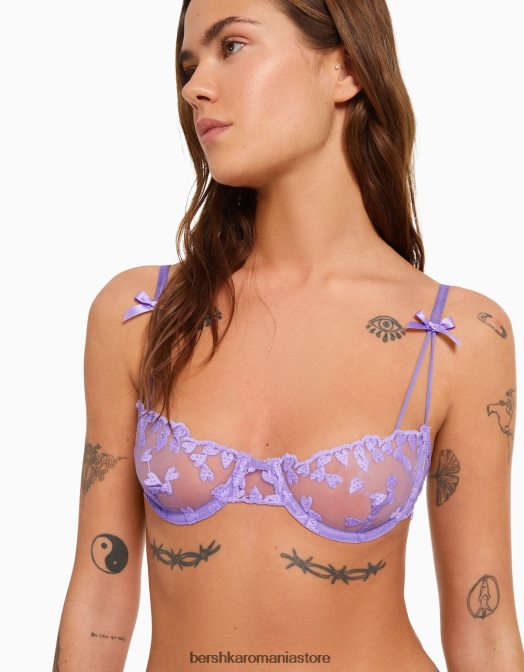 Bershka femei sutien balcon cu tul cu inimioare violet Z86D1737 îmbrăcăminte