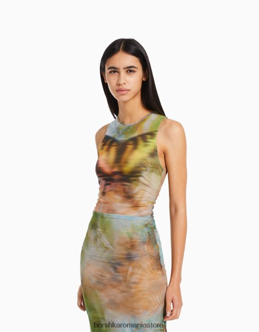 Bershka femei Rochie midi din tul imprimat fără mâneci kaki Z86D87 îmbrăcăminte