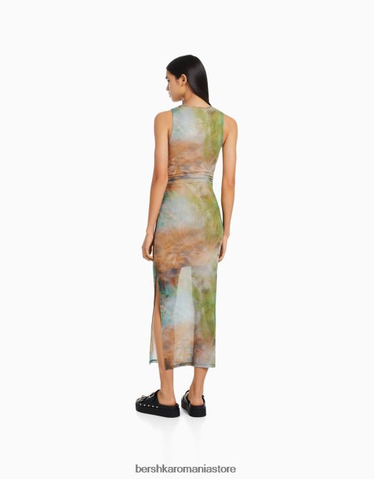 Bershka femei Rochie midi din tul imprimat fără mâneci kaki Z86D87 îmbrăcăminte