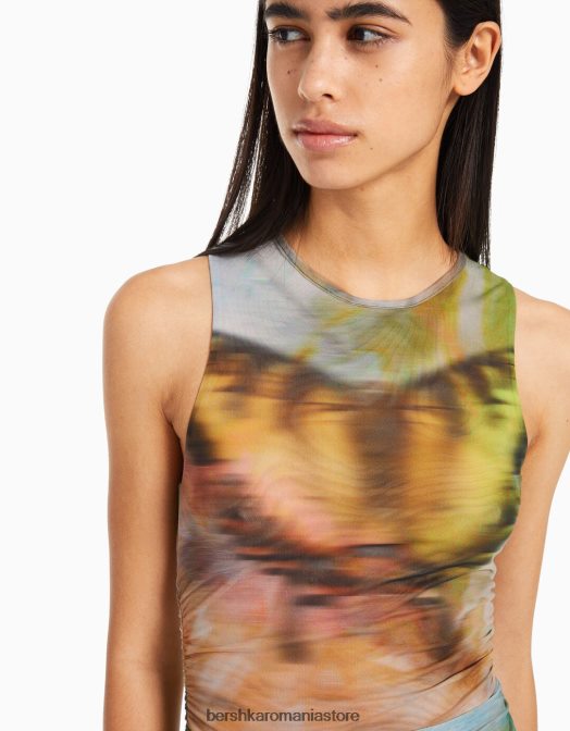 Bershka femei Rochie midi din tul imprimat fără mâneci kaki Z86D87 îmbrăcăminte