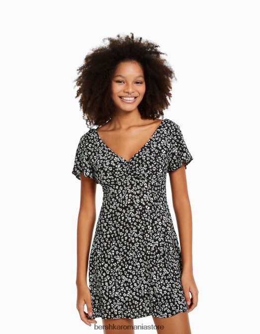 Bershka femei mini rochie voluminoasa cu maneca scurta negru Z86D225 îmbrăcăminte