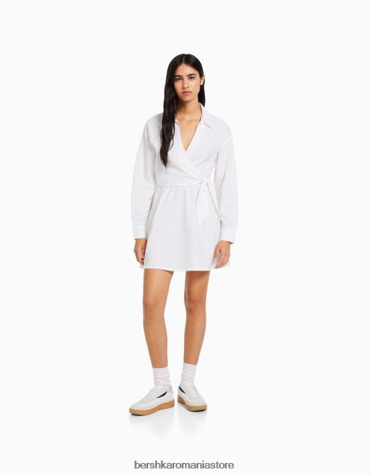 Bershka femei rochie cămașă mini cu mânecă lungă, cu detaliu încrucișat alb Z86D110 îmbrăcăminte