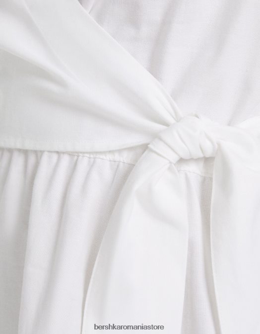 Bershka femei rochie cămașă mini cu mânecă lungă, cu detaliu încrucișat alb Z86D110 îmbrăcăminte