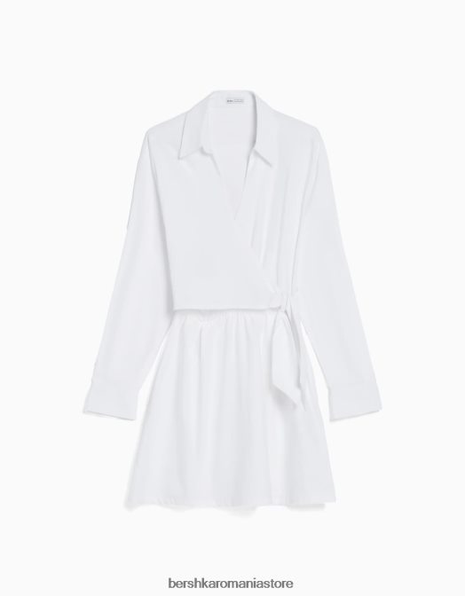 Bershka femei rochie cămașă mini cu mânecă lungă, cu detaliu încrucișat alb Z86D4108 îmbrăcăminte