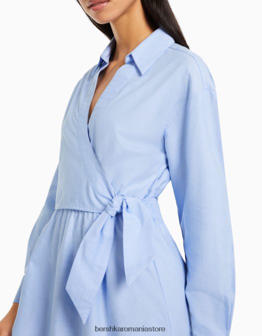 Bershka femei rochie cămașă mini cu mânecă lungă, cu detaliu încrucișat albastru deschis Z86D111 îmbrăcăminte