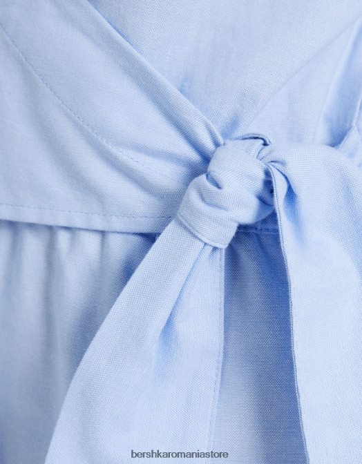 Bershka femei rochie cămașă mini cu mânecă lungă, cu detaliu încrucișat albastru deschis Z86D111 îmbrăcăminte