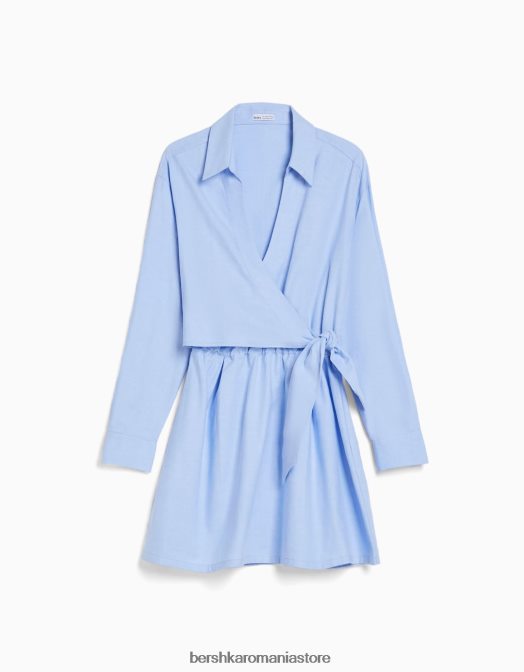 Bershka femei rochie cămașă mini cu mânecă lungă, cu detaliu încrucișat albastru deschis Z86D4109 îmbrăcăminte