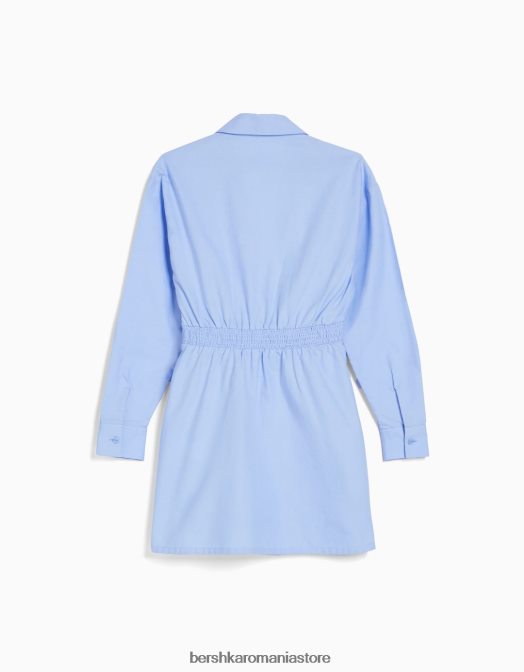 Bershka femei rochie cămașă mini cu mânecă lungă, cu detaliu încrucișat albastru deschis Z86D4109 îmbrăcăminte