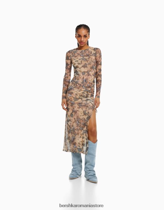 Bershka femei rochie din tul cu maneca lunga nisip Z86D248 îmbrăcăminte