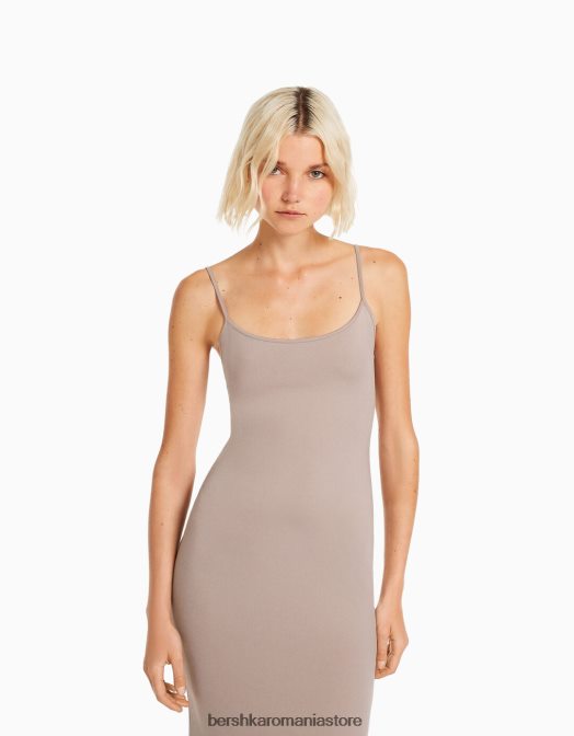 Bershka femei rochie lungă cu bretele montată nisip Z86D21 îmbrăcăminte