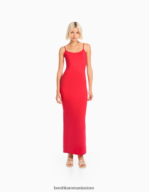 Bershka femei rochie lungă cu bretele montată roșu Z86D23 îmbrăcăminte