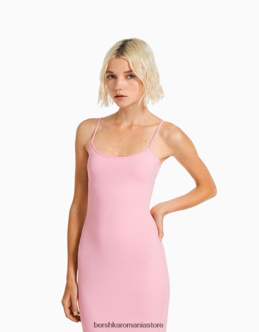 Bershka femei rochie lungă cu bretele montată roz Z86D19 îmbrăcăminte