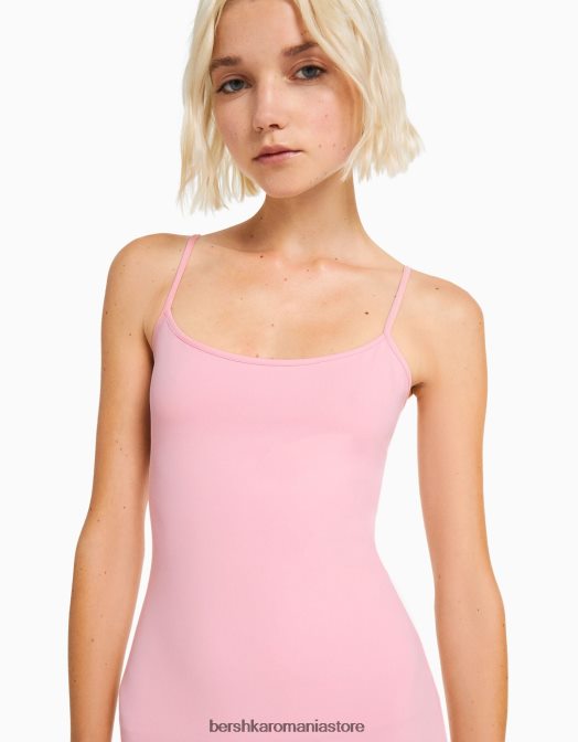 Bershka femei rochie lungă cu bretele montată roz Z86D19 îmbrăcăminte