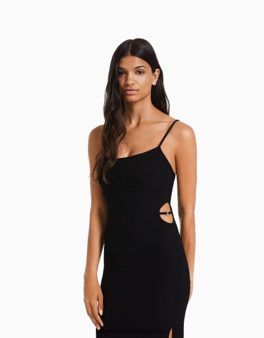 Bershka femei rochie lungă, cu bretele, în coaste, cu decupaj negru Z86D10 îmbrăcăminte