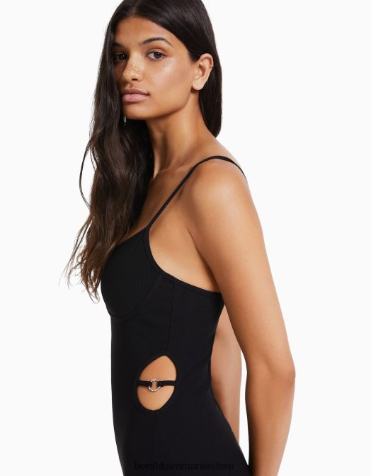 Bershka femei rochie lungă, cu bretele, în coaste, cu decupaj negru Z86D10 îmbrăcăminte
