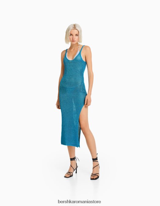 Bershka femei rochie lungă cu bretele strălucitoare din tricot albastru Z86D172 îmbrăcăminte
