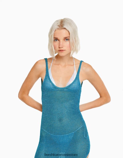 Bershka femei rochie lungă cu bretele strălucitoare din tricot albastru Z86D172 îmbrăcăminte