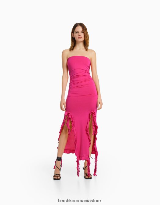 Bershka femei rochie lungă, cu volane, fără umeri fucsie Z86D33 îmbrăcăminte