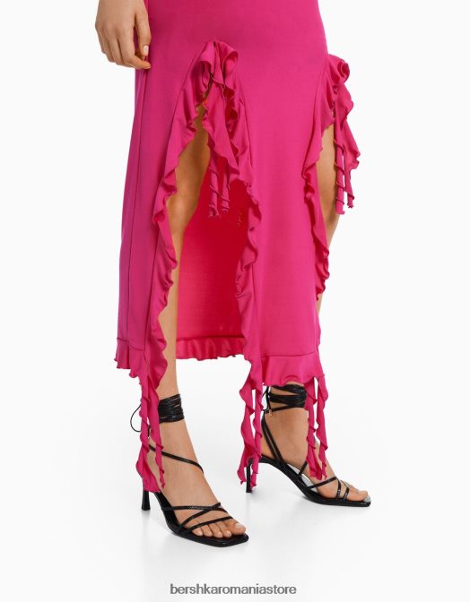 Bershka femei rochie lungă, cu volane, fără umeri fucsie Z86D33 îmbrăcăminte