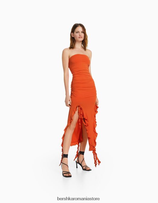 Bershka femei rochie lungă, cu volane, fără umeri portocale Z86D1838 îmbrăcăminte