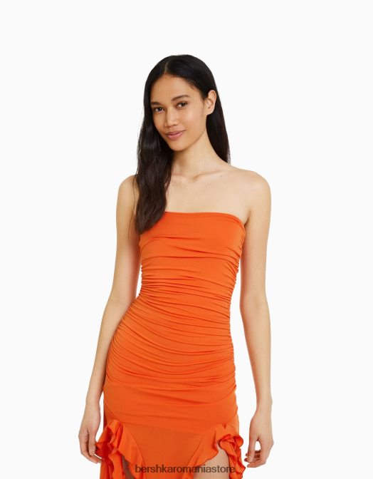 Bershka femei rochie lungă, cu volane, fără umeri portocale Z86D31 îmbrăcăminte