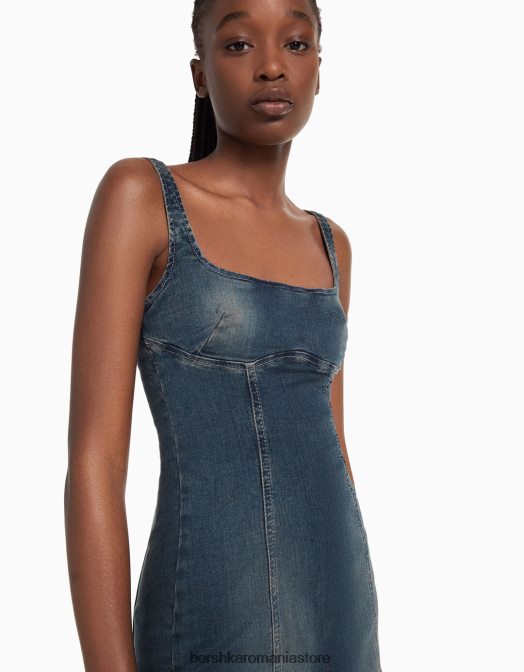 Bershka femei rochie lungă din denim decolorat cu bretele albastru deschis Z86D1941 îmbrăcăminte