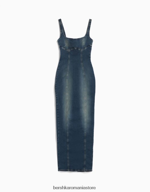 Bershka femei rochie lungă din denim decolorat cu bretele albastru deschis Z86D1941 îmbrăcăminte