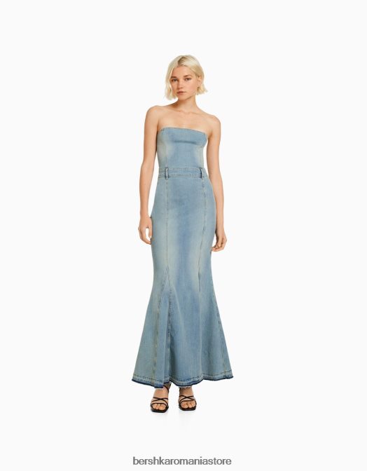 Bershka femei rochie lungă din denim tip bandeau albastru Z86D1912 îmbrăcăminte