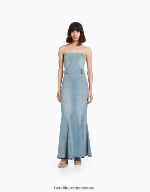 Bershka femei rochie lungă din denim tip bandeau albastru Z86D1922 îmbrăcăminte