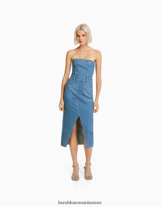 Bershka femei rochie lungă din denim tip bandeau albastru deschis Z86D16 îmbrăcăminte