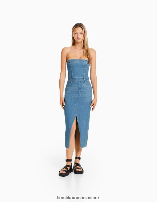Bershka femei rochie lungă din denim tip bandeau albastru deschis Z86D1946 îmbrăcăminte