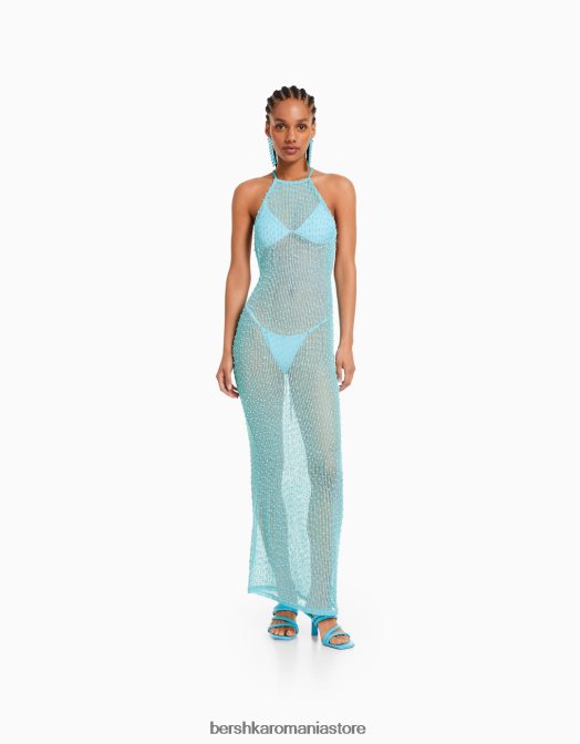 Bershka femei rochie lungă din plasă cu halter turcoaz Z86D147 îmbrăcăminte