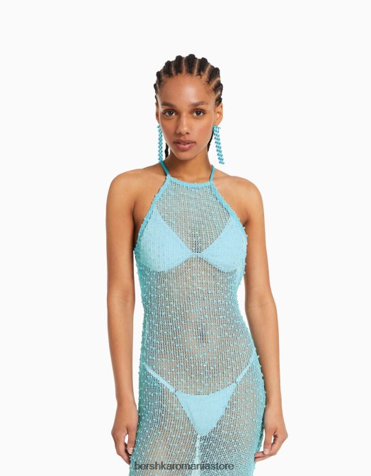 Bershka femei rochie lungă din plasă cu halter turcoaz Z86D147 îmbrăcăminte