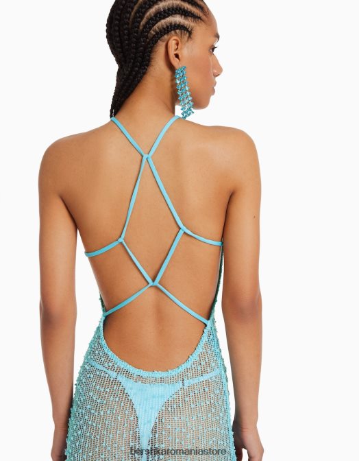 Bershka femei rochie lungă din plasă cu halter turcoaz Z86D147 îmbrăcăminte