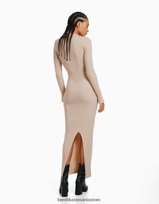 Bershka femei rochie lungă din tricot cu guler polo nisip Z86D253 îmbrăcăminte