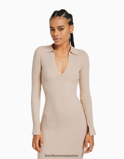 Bershka femei rochie lungă din tricot cu guler polo nisip Z86D253 îmbrăcăminte