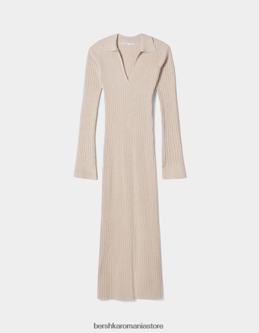 Bershka femei rochie lungă din tricot cu guler polo nisip Z86D253 îmbrăcăminte