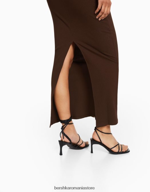 Bershka femei rochie lungă tip bandeau cu nervuri maro Z86D47 îmbrăcăminte