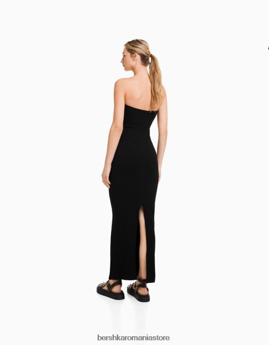 Bershka femei rochie lungă tip bandeau cu nervuri negru Z86D48 îmbrăcăminte