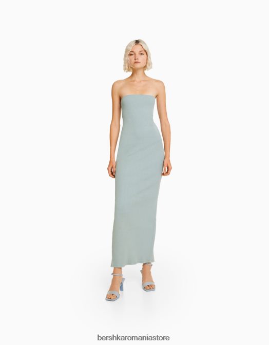 Bershka femei rochie lungă tip bandeau în coastă cu efect spălat albastru deschis Z86D44 îmbrăcăminte