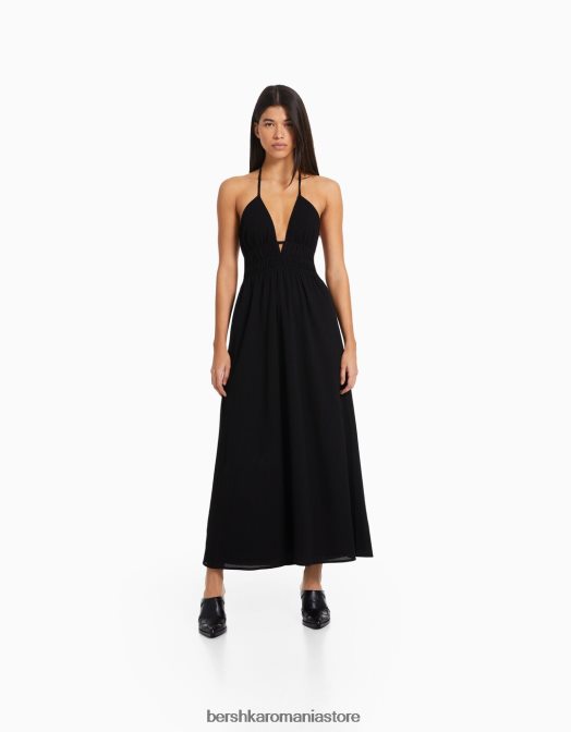 Bershka femei rochie lunga bambula cu volan negru Z86D28 îmbrăcăminte